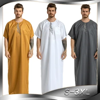 2022 модные мусульманские абайи для мужчин с вышивкой, круглый вырез, короткий рукав, полная длина, арабские модные халаты, одежда для молитв