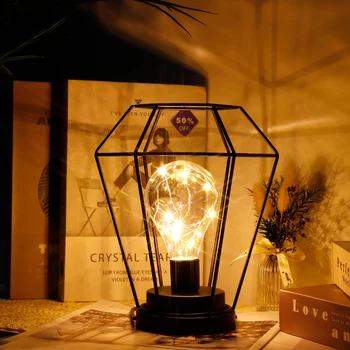 Настольная лампа в Металлической Клетке с Бриллиантами, Подвесные Фонари на Батарейках, Беспроводная Лампа со светодиодной Лампочкой Edsion Style для Украшения Дома