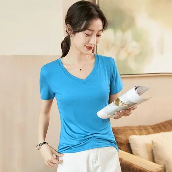 Новая женская футболка с V-образным вырезом, летняя модная однотонная хлопковая футболка с коротким рукавом, повседневные Свободные простые базовые футболки, топы женские